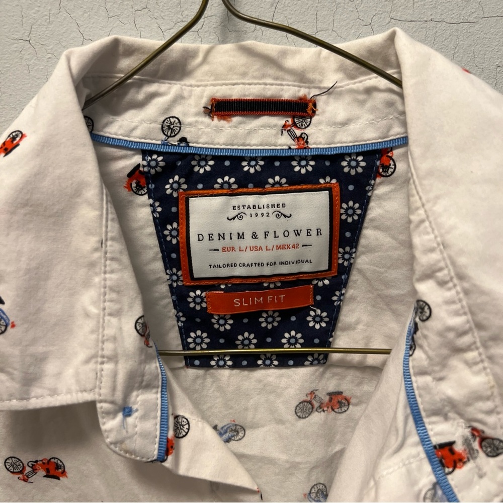 denim and flower shirt slim fit Mens Large White Bicycle Print - Picture 4 of 4